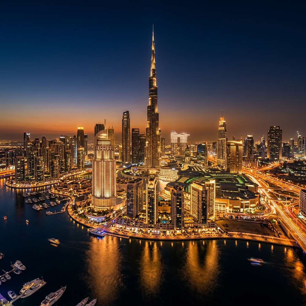 Skyline de Dubaï la nuit avec le Burj Khalifa illuminé