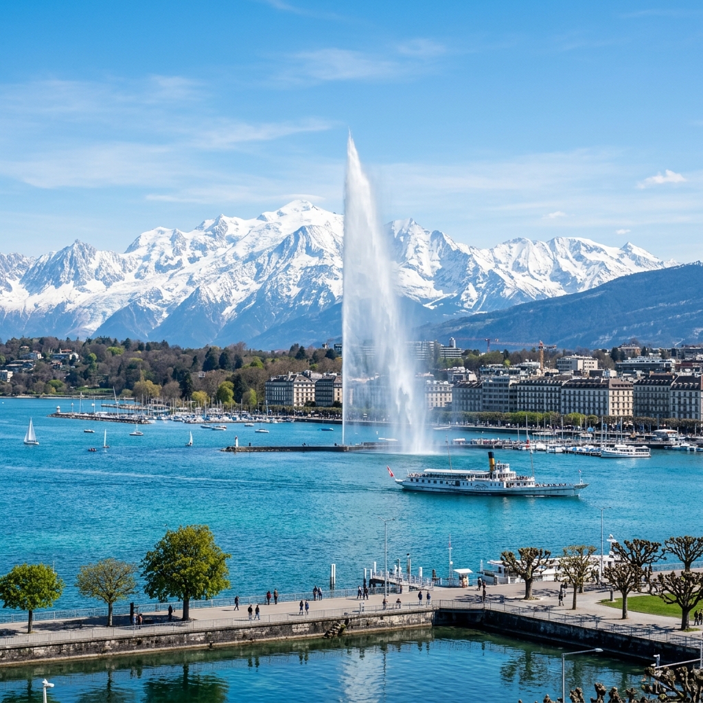 Lac Léman à Genève avec le jet d'eau et les Alpes en arrière-plan
