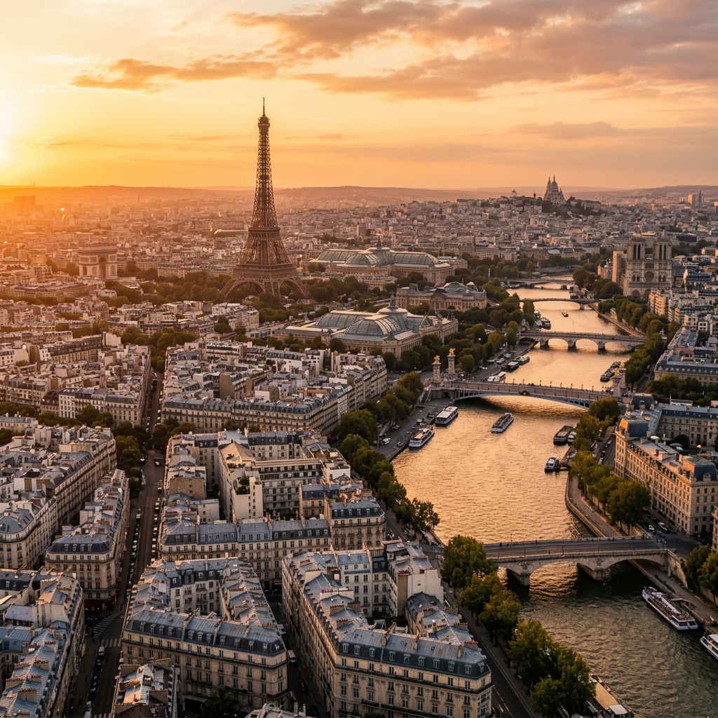 Tour Eiffel à Paris, France, vue aérienne au coucher du soleil