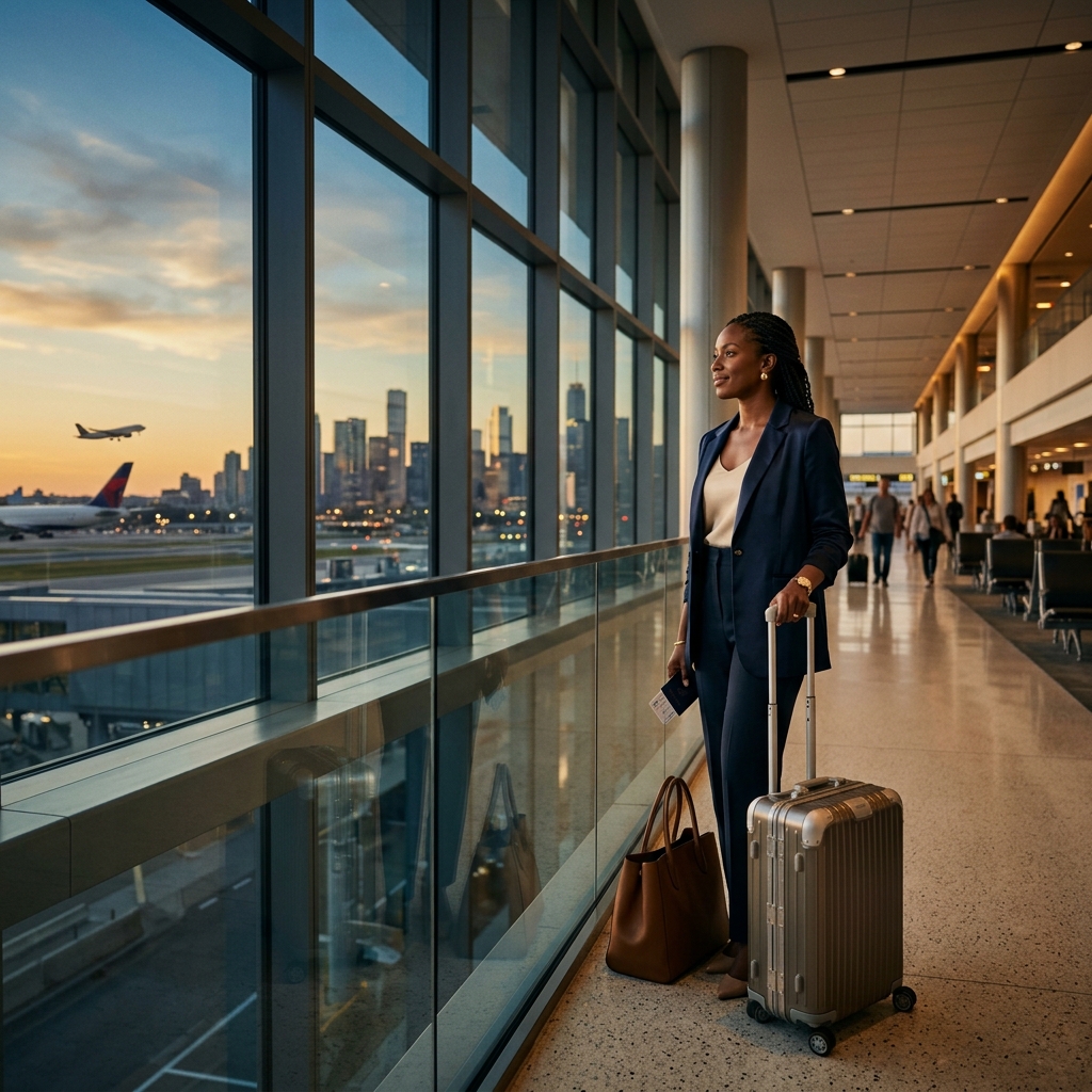 Voyageuse africaine élégante dans un aéroport international, prête pour son voyage