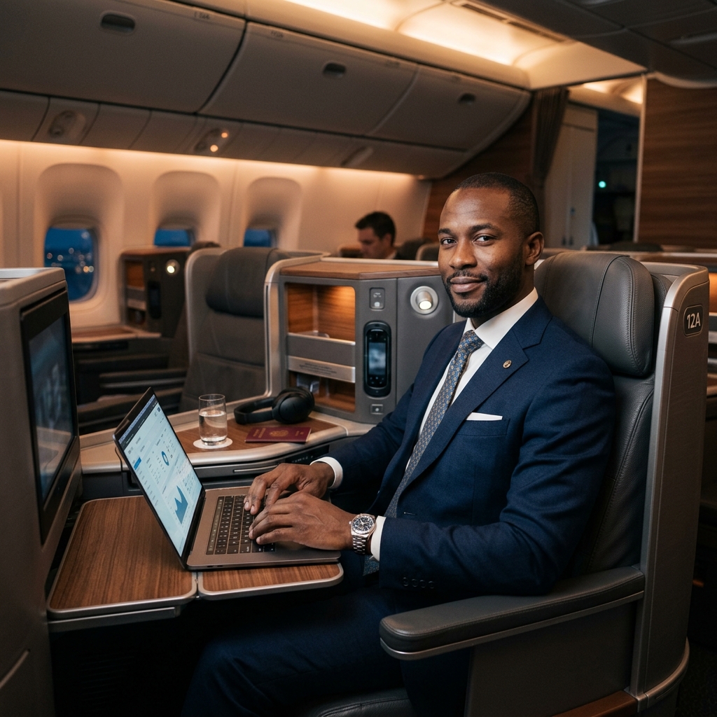 Homme d'affaires ivoirien en classe affaires dans un avion