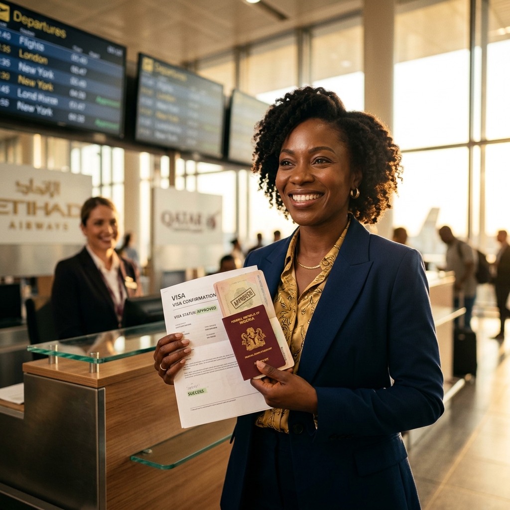 Voyageuse ivoirienne tenant son visa et passeport approuvés